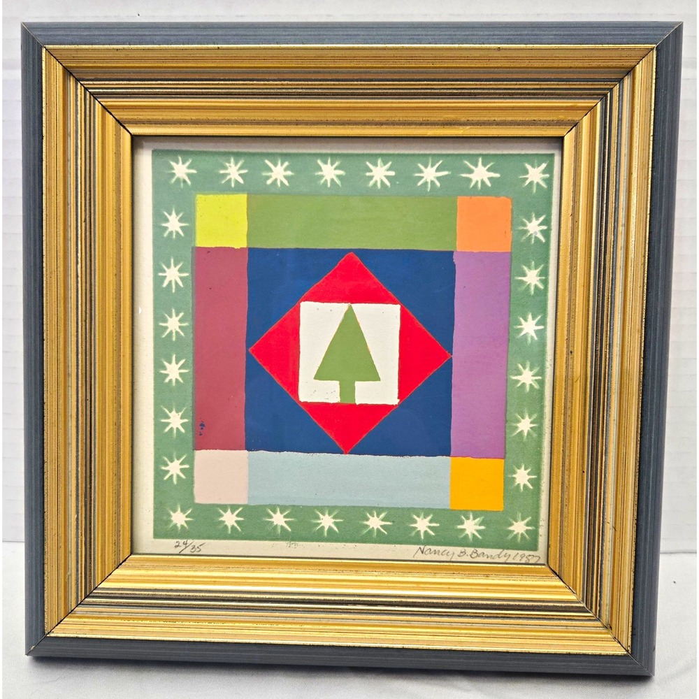 Vtg 1987 Nancy S. Bowdy Signed/ Numbered Folk Art Print 24/35 Framed Quilt Block